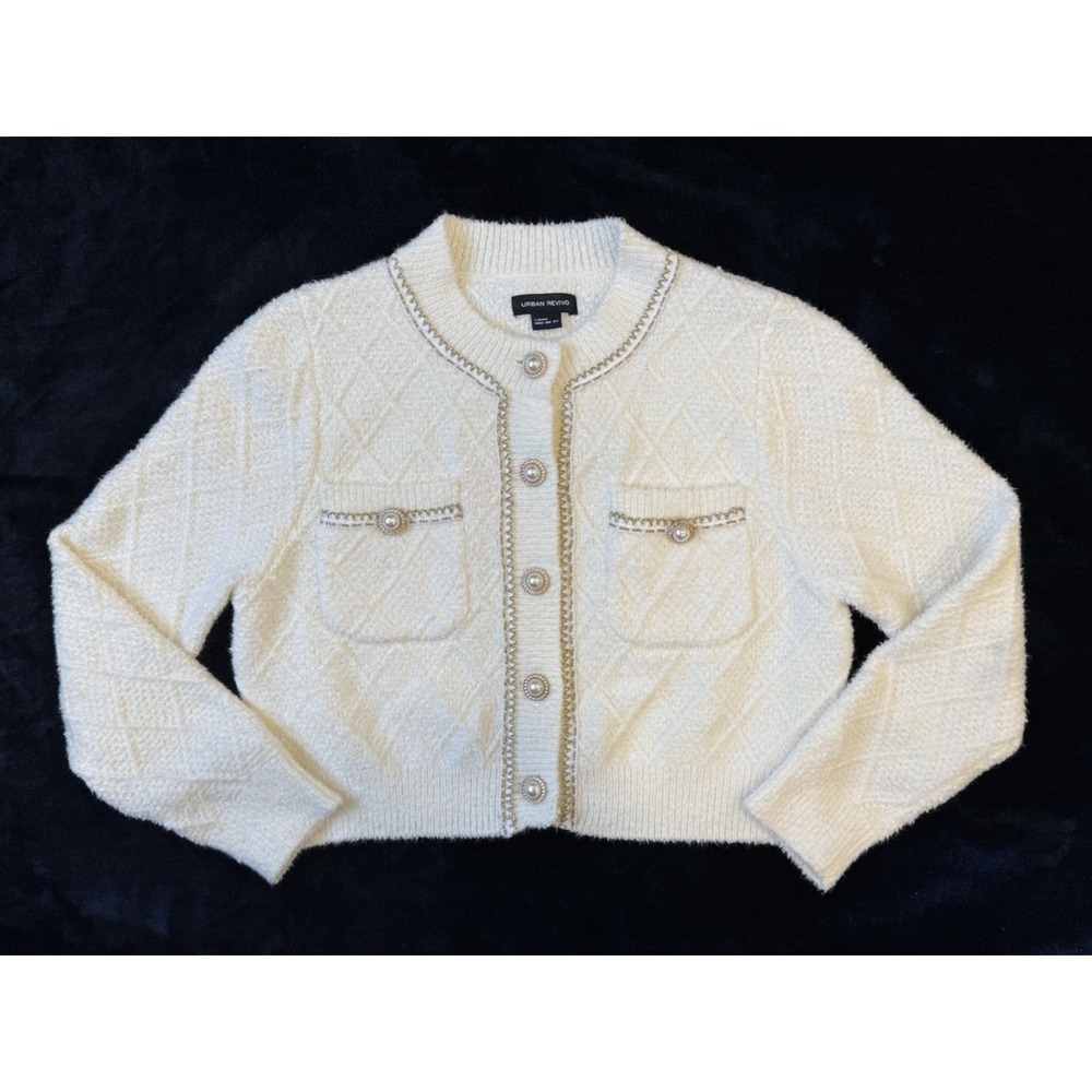Urban Revivo Women's Ivory Diamond-Knit Pearl Buttoned Cardigan Sweater Size S 4